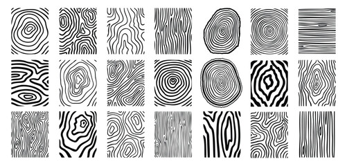 Wood lines texture material doodle hand drawn line set. Rings and circles tree trunk geometric curve, wave contour.  © Yanka