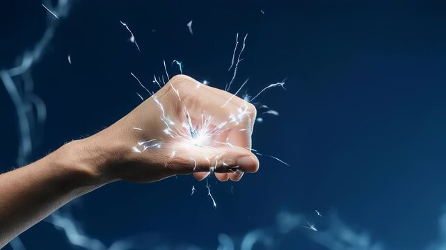 Hand clenching, sparking with energy against a dark blue background. Sparks radiate