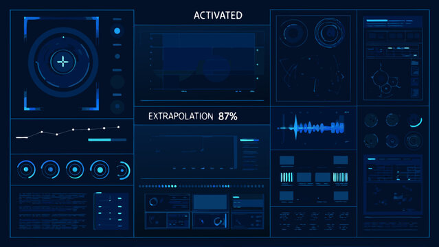 Futuristic user interface with glowing blue lines and data displays