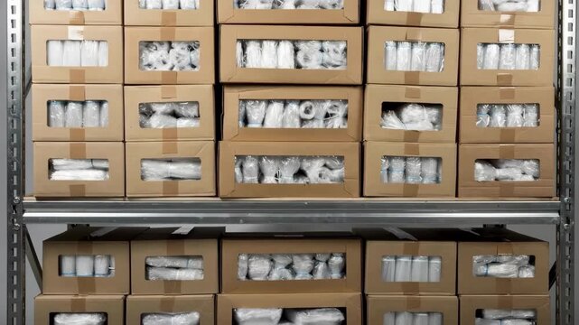 Medium shot showing neatly arranged boxed sets of bundled bags stacked uniformly for organized storage and efficient shipping.