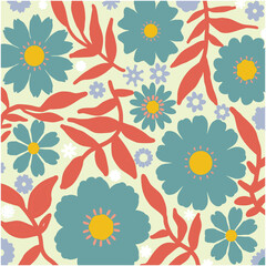 Vibrant Floral Mix with Leaves.Blue And Light Pink Purple leaves, White background  Floral Pattern.