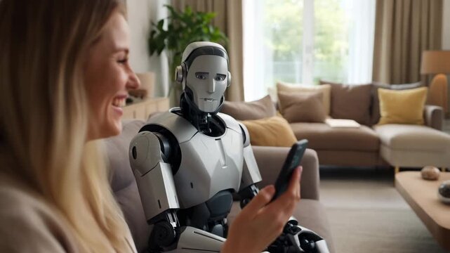 Woman smiling at smartphone on sofa with humanoid robot beside her