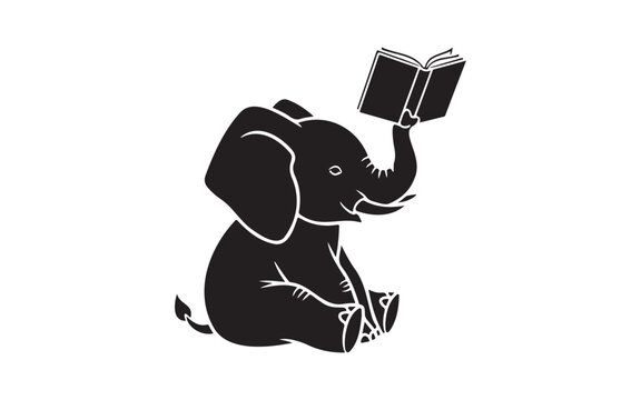 Cute baby elephant sitting and reading a book silhouette. Smart animal mascot for education or library logo. Isolated black vector illustration.