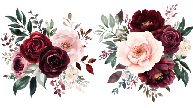 Watercolor floral bouquet set with burgundy and blush roses, peonies, and greenery, isolated on black background; elegant romantic botanical clipart for wedding and invitation design.