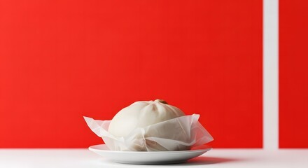 Steaming White Bao Bun on a Plate Against a Vibrant Red Background with a White Stripe