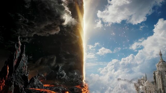 Dramatic split-screen with fiery hellscape on one side & heavenly castle on the other