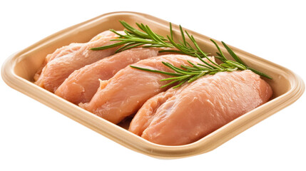 Raw chicken breasts with rosemary in brown tray ready for cooking delicious dish
