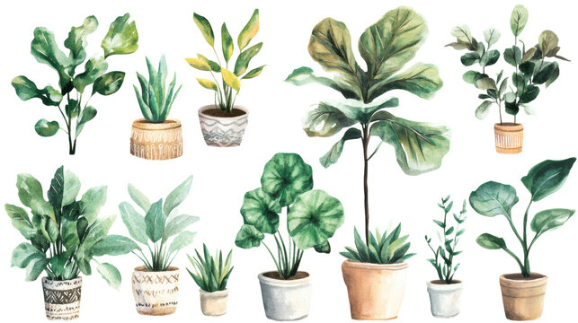 Set of watercolor-style potted houseplants with lush green leaves, isolated on transparent background, arranged in two rows; indoor decor botanical illustration.