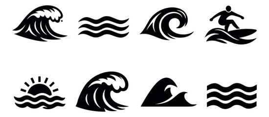 Fototapeta premium Modern wave icon set featuring various ocean waves, a surfer, and a sun for marine and surf designs