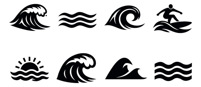 Modern wave icon set featuring various ocean waves, a surfer, and a sun for marine and surf designs