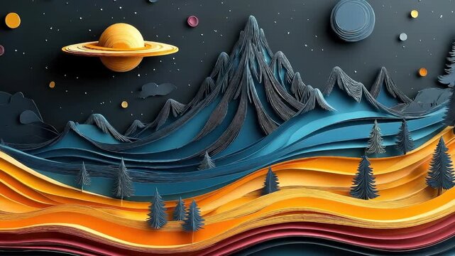 Vibrant layered paper craft scene portraying an imaginative cosmic world featuring a ringed planet, starry sky, majestic mountains, and colorful undulating terrain with trees