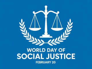 World day of social justice logo with scales and laurel wreath on blue background