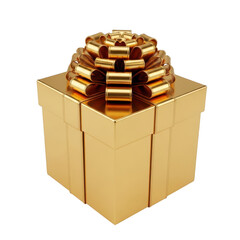 A beautifully wrapped golden gift box with a large decorative bow on top.