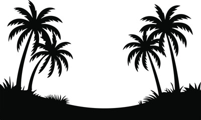Scenic tropical mountain cove illustration with palm tree silhouettes With transparent background © MDROBIUL