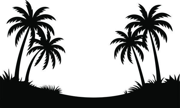 Scenic tropical mountain cove illustration with palm tree silhouettes With transparent background