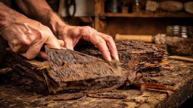 Closeup of hands slicing dense pressed pipe tobacco cakes into wide ribbon cuts highlighting textured layers and aromatic rich brown hues in a traditional workshop setting.