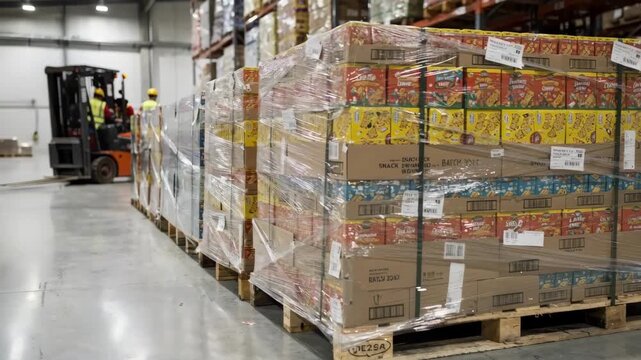 Medium shot of stacked snack cartons neatly arranged on pallets with stretch wrap in a busy warehouse environment highlighting organized industrial packaging processes.