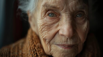 Cose-up portrait of an elderly woman with expressive blue eyes, deep facial wrinkles, natural light revealing skin texture, wisdom, resilience, human emotion, aging gracefully, life experience