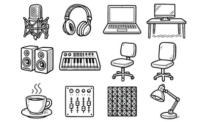 A collection of office and music production equipment illustrations