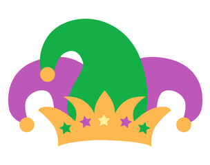Cartoon vector illustration of a cute green, gold, and purple buffoon hat isolated on white background. Clip art for Mardi Gras, carnival celebrations, festive promotions, party graphic and costume © Kakigori Studio