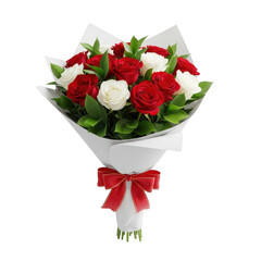 A beautiful bouquet of red roses with white accents and a red ribbon