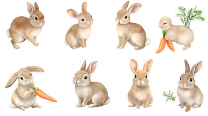 Obraz premium Cute watercolor brown rabbits in various poses holding carrots and sitting, isolated on white background