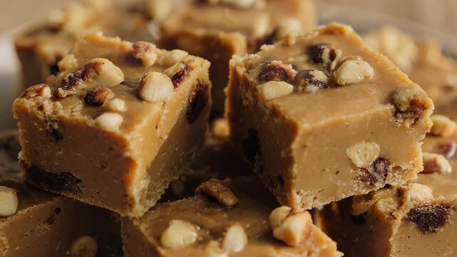 Close-up of homemade fudge squares on a plate, topped with nuts and containing dark fruit
