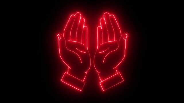 Glowing neon pray icon isolated on black background. prayer and hands of man in mosque with Dua mindfulness and gratitude in faith. prayer in religious building for Ramadan Kareem, Eid Mubarak.