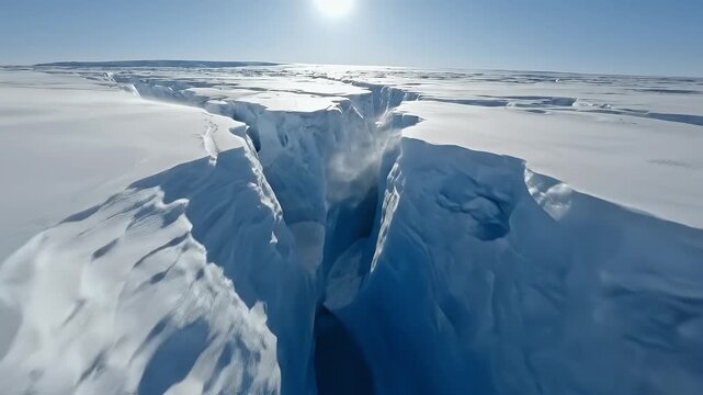 Aerial view showing a deep chasm in a snow-covered landscape with wind and sunlight