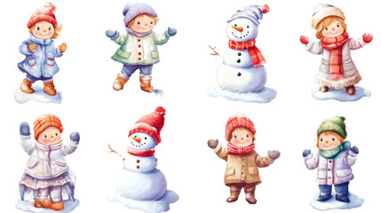 Watercolor winter characters: children and snowmen in scarves and hats, playful holiday scene, 12 stickers on transparent background