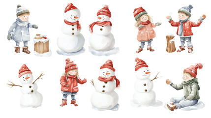 Watercolor winter characters: children and snowmen in scarves and hats, playful holiday scene, 12 stickers on transparent background