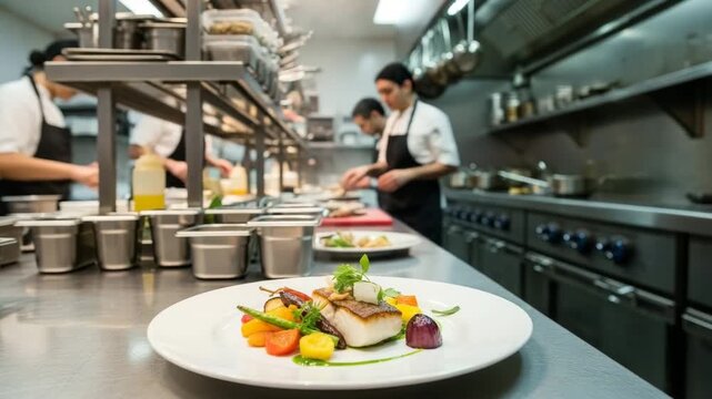 Chef plating gourmet dish in modern kitchen with staff working  
