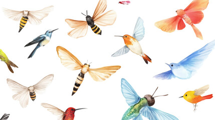 Fototapeta premium Watercolor illustration of colorful hummingbirds, bees, moths and butterflies on transparent background, scattered pattern.
