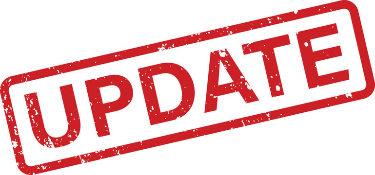 A striking red update grunge rubber stamp positioned diagonally on a plain white surface