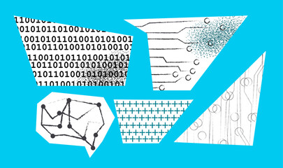 AI Technology Abstract Background with Geometric Shapes, Circuit Patterns and Binary Code