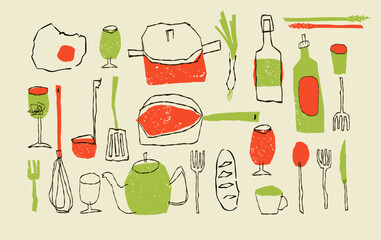 Retro Kitchenware and Cooking Tools Set: Textured Hand-Drawn Utensils for Culinary Blogs, Recipes and Restaurant Branding