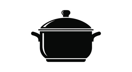 A stark black silhouette of a cooking pot with a lid and handles showcasing a simple kitchen utensil silhouette