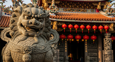 Fototapeta premium Ornate stone lion statue in front of a traditional temple with red lanterns hanging from the eaves, viewed from a low angle
