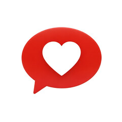 A vibrant red speech bubble with a white heart symbol inside it.