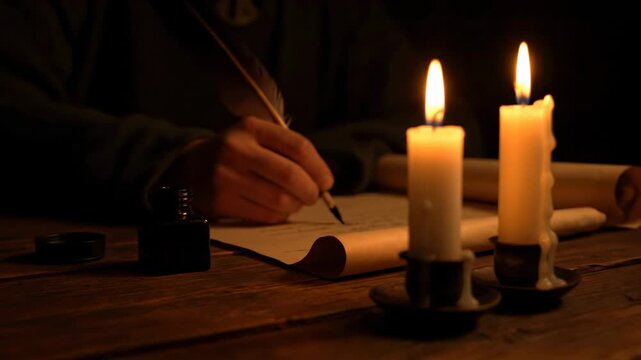 A realistic, close-up shot of a person writing on parchment with a quill pen in a dark room.