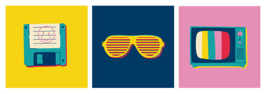 Retro 90s Technology Set with Floppy Disk Shutter Shades and Vintage TV