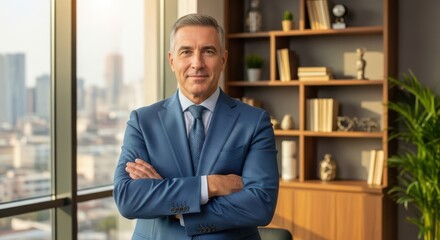 Fototapeta premium Confident businessman standing in front of a large window with a city view