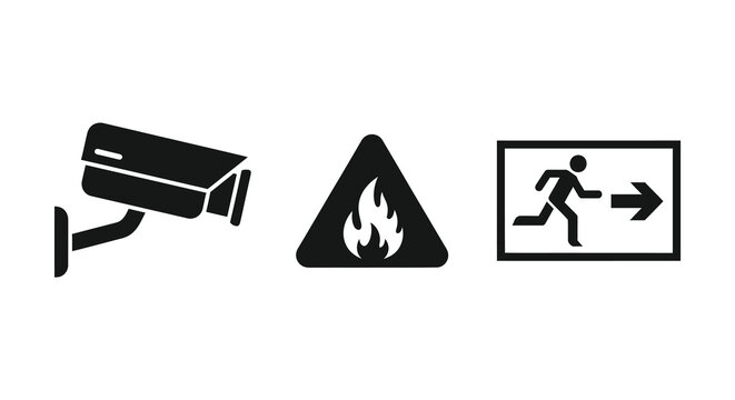 A series of black warning signs depicting surveillance flammability and emergency exit presented as a silhouette high quality professional detailed