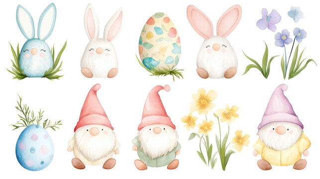 Watercolor easter gnome collection in pastel colors, varied hats and bunny ears, holding eggs and flowers, arranged in two rows on white background