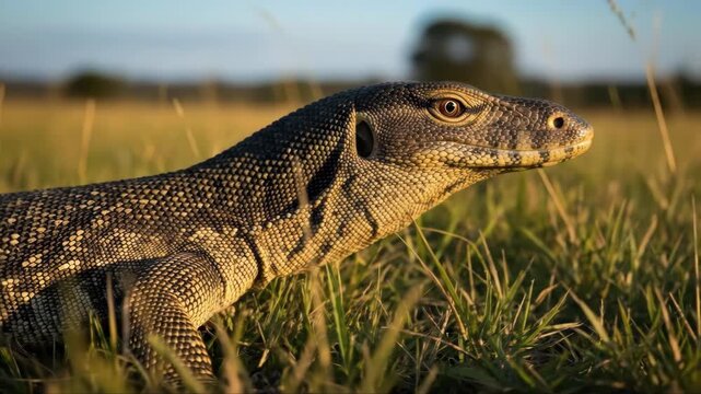 Majestic monitor lizard strolling through sunlit grassland landscape