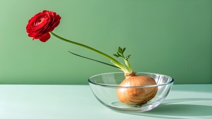 Creative concept of red ranunculus flower blooming from onion in a glass bowl on green gradient background. Minimal botanical composition with natural light and shadow See Less
