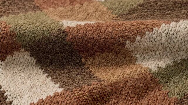 Closeup medium frame capturing detailed argyle pattern in warm earthy tones woven into soft Jacquard knit fabric.