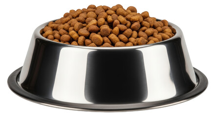 Stainless steel dog bowl filled with dry food ready for consumption isolated on transparent background