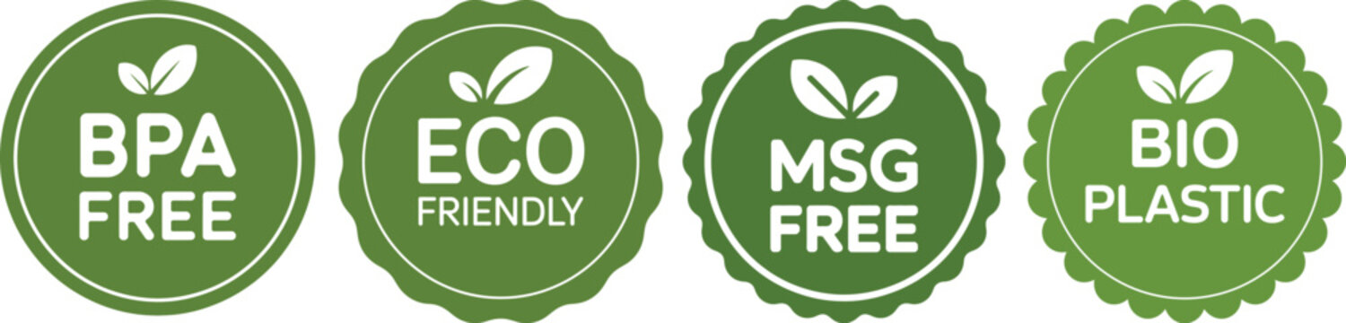 Eco Friendly Labels Set with BPA Free MSG Free and Bio Plastic Badges