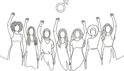 Continuous line illustration of diverse women raising fists for gender equality, feminism, empowerment, solidarity, sisterhood, protest, inclusion, human rights concept art vector © Creative Vector